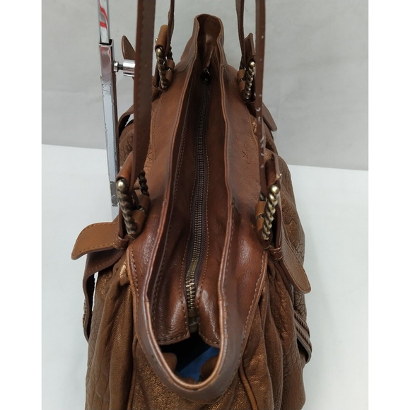 Cole Haan Metallic Brown Leather Double Handles Zippper Satchel Shoulder Bag - Picture 9 of 16